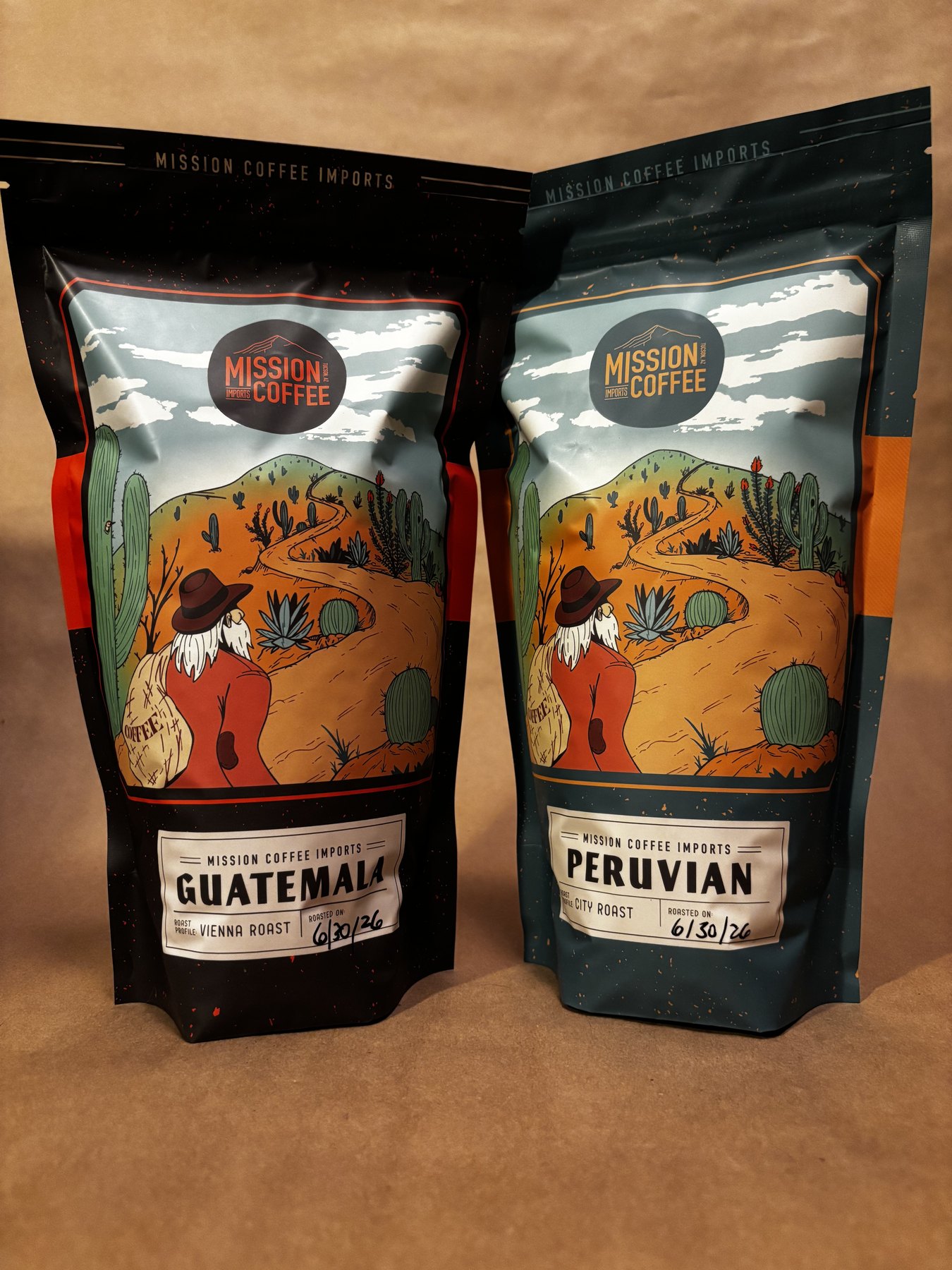 Guatemala and Peru coffee bags from Mission Coffee Imports