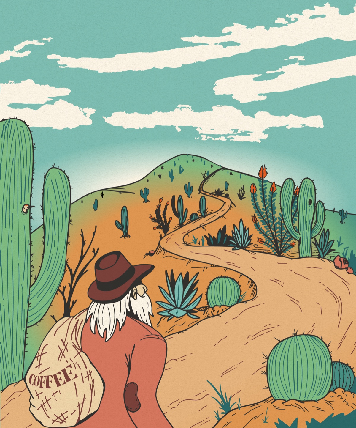 Mission Coffee Imports traveler climbing a full-color Sonoran Desert trail